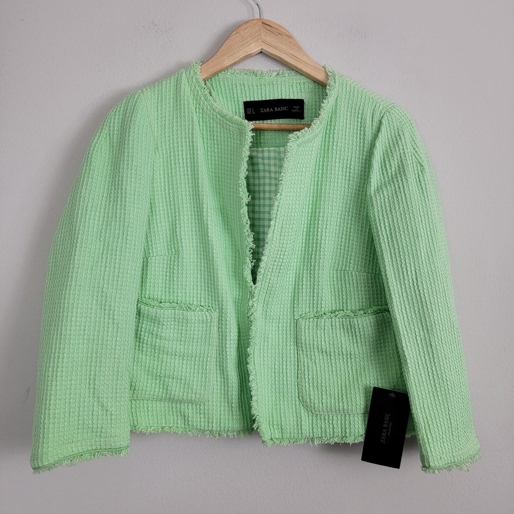 Zara Basic Cropped Blazer Womens L Green Long Sleeve Pockets Fringe Hem‎